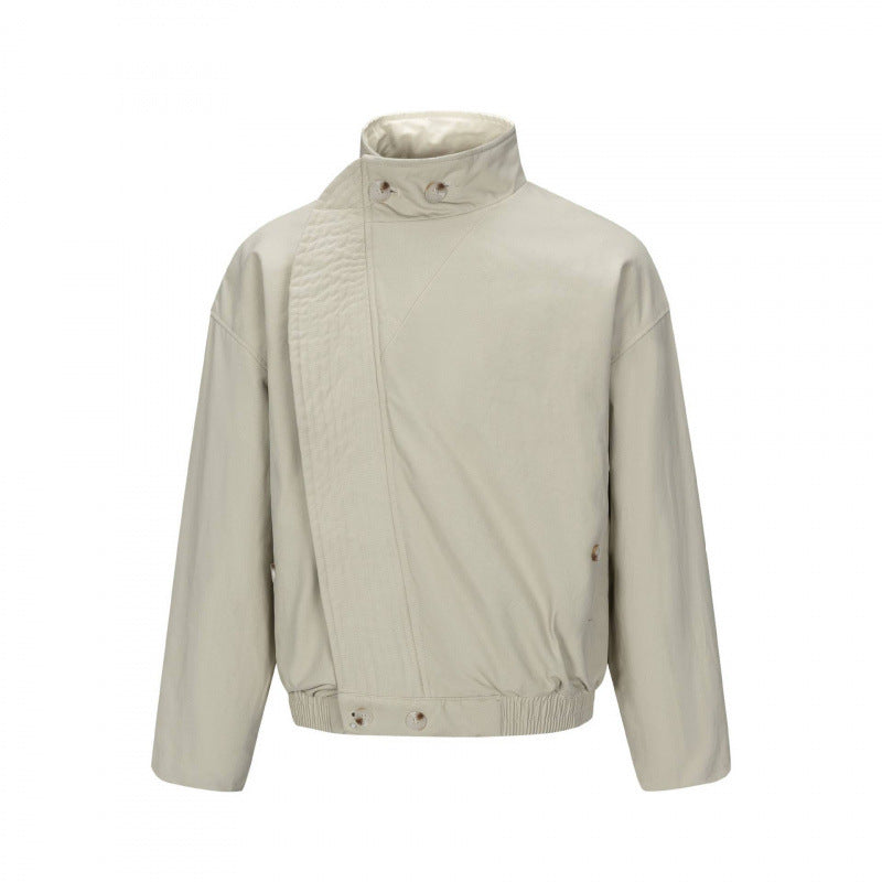 Herr Asymmetric Kort Jacka med ståkrage, quiltad Front Knäppslå och elastisk fåll