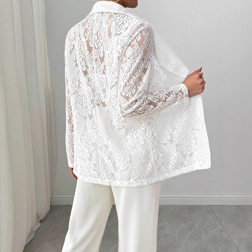 Dam spets blazer med sjalkrage och floral transparens