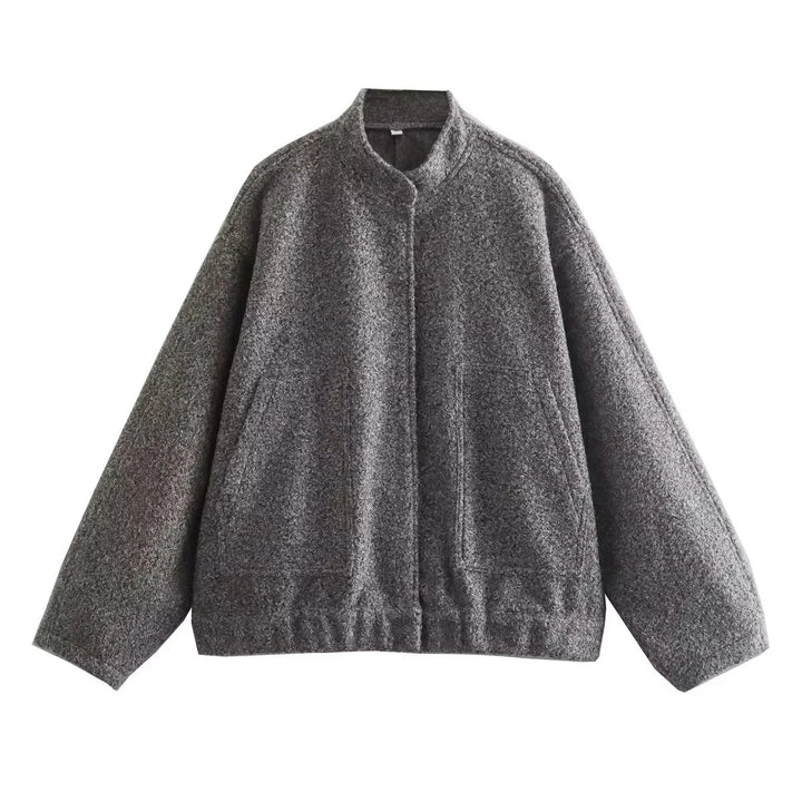 Dam Oversize Fleecejacka med Stå Krage, Patch Front Fickor, och Elastic Nederkant