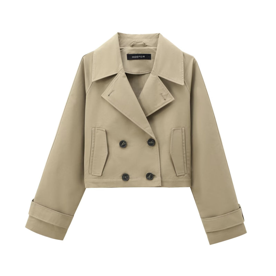 Dam cropped double-breasted trenchcoat med bred lapels och adjustable ärm straps