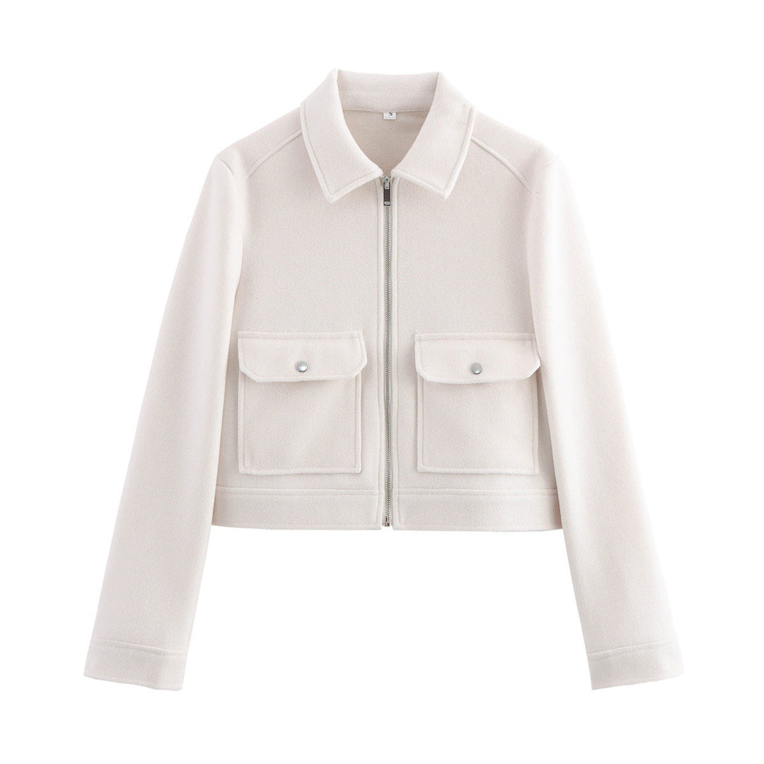 Dam kort-skärning ull look blousonjacka med continuous dragkedja och patch flap fickor
