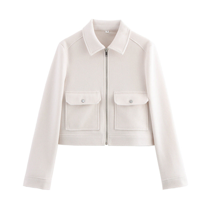 Dam kort-skärning ull look blousonjacka med continuous dragkedja och patch flap fickor