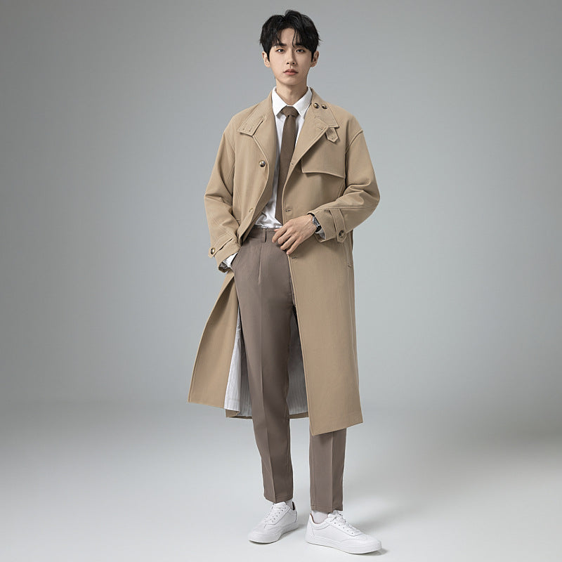 Herr Lång Modern Trench Kappa Tillverkad av Lätt Twill med Dold Knappslå och Midja Bälte