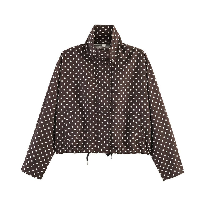Dam Dotted Kort Jacka med Stå Krage, Dold Front Knäppning och Drawstring