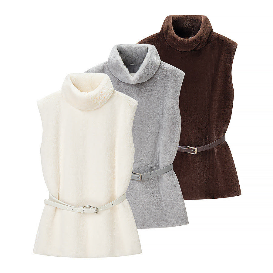 Dam ärmlös Faux Fur väst med ståkrage och Waistbelt