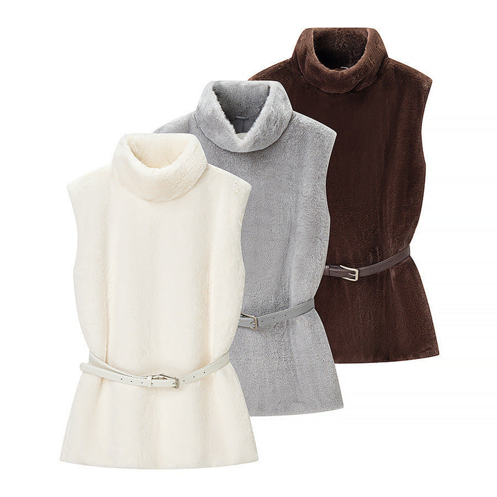 Dam ärmlös Faux Fur väst med ståkrage och Waistbelt