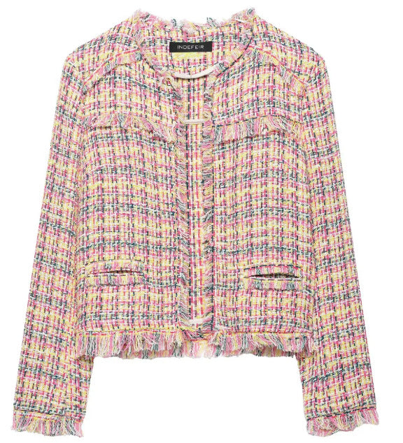Dam Kort Bouclé-Tweed Blazer i Chanel Stil med Fringe Trims