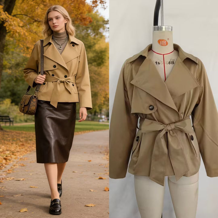 Dam Kort Midjebälte Trenchcoat med Breda Slag och Lockfickor