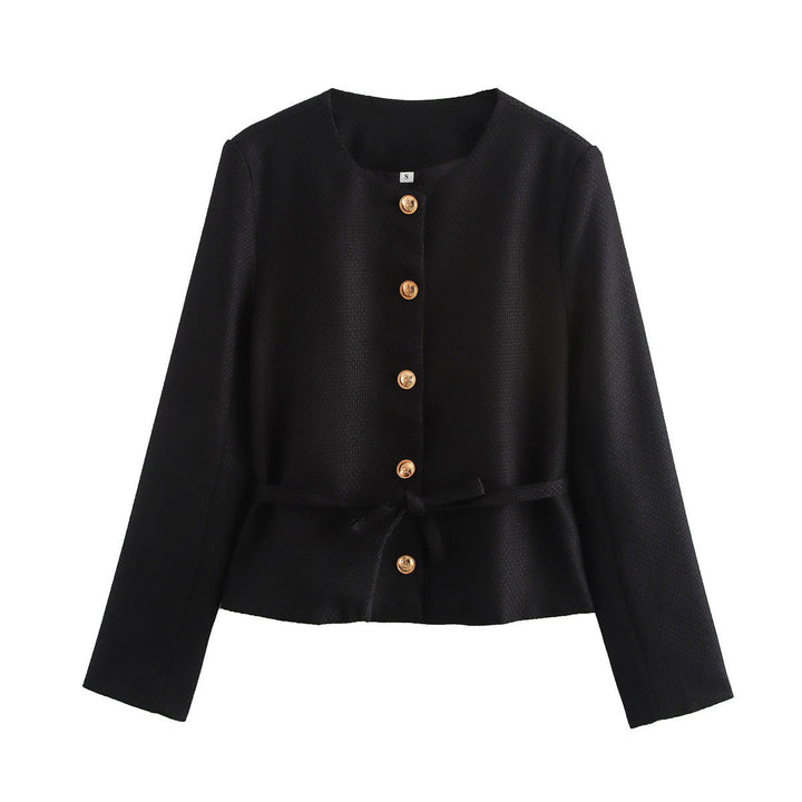 Dam structured kort jacka med round neckline, wooden knäppning, och figursydd tie bälte