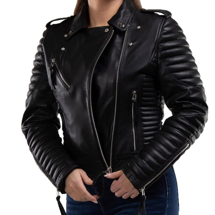 Dam Fashion läder bikerjacka med quiltad detaljer