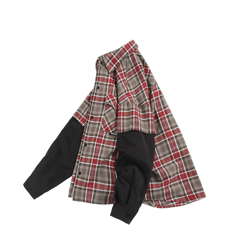 Unisex Oversized Skjorta Jacka i Layering Look med Contrasting Ärmar och Breast Lockfickor