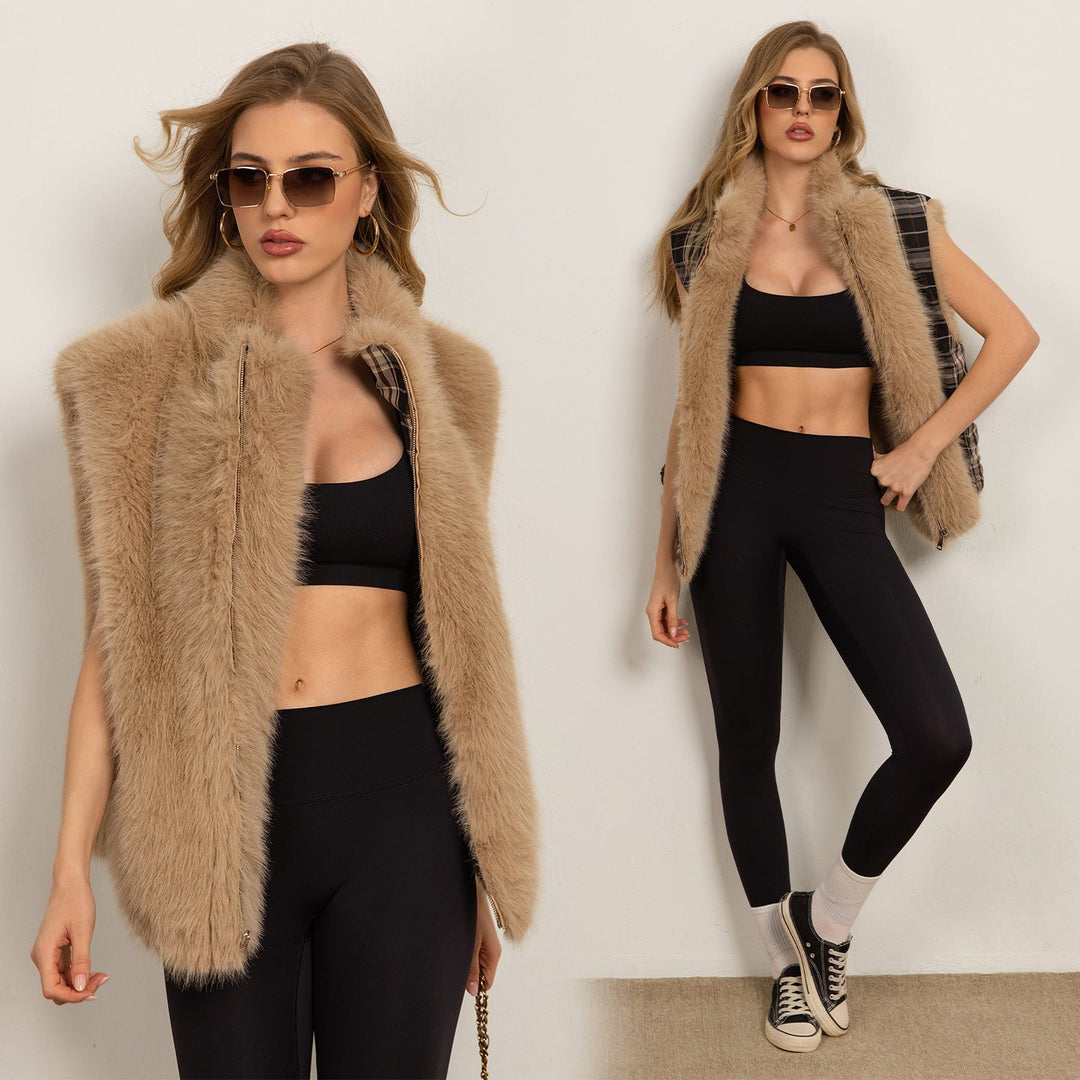 Dam Fluffy Faux Fur väst med Voluminous sjalkrage och dragkedja