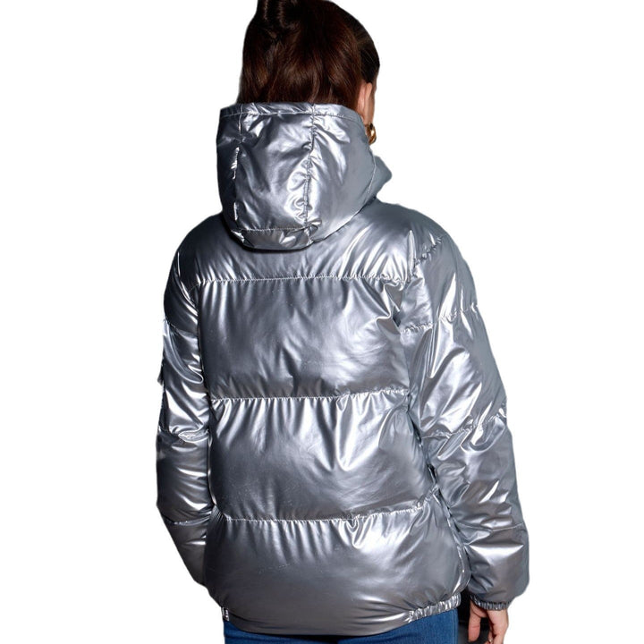 Dam glansig oversized vadderad jacka med huva &amp; elastiska muddar