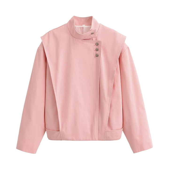Dam Asymmetric Oversize Jacka med Hög Stå Krage och Dekorativ Knapp Knäppning
