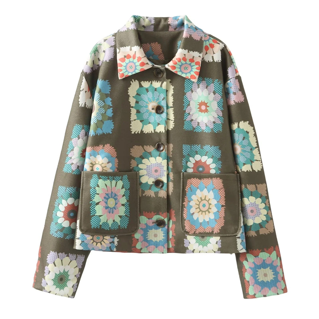 Dam Mönstrad kort boxy jacka med floral patchwork squares