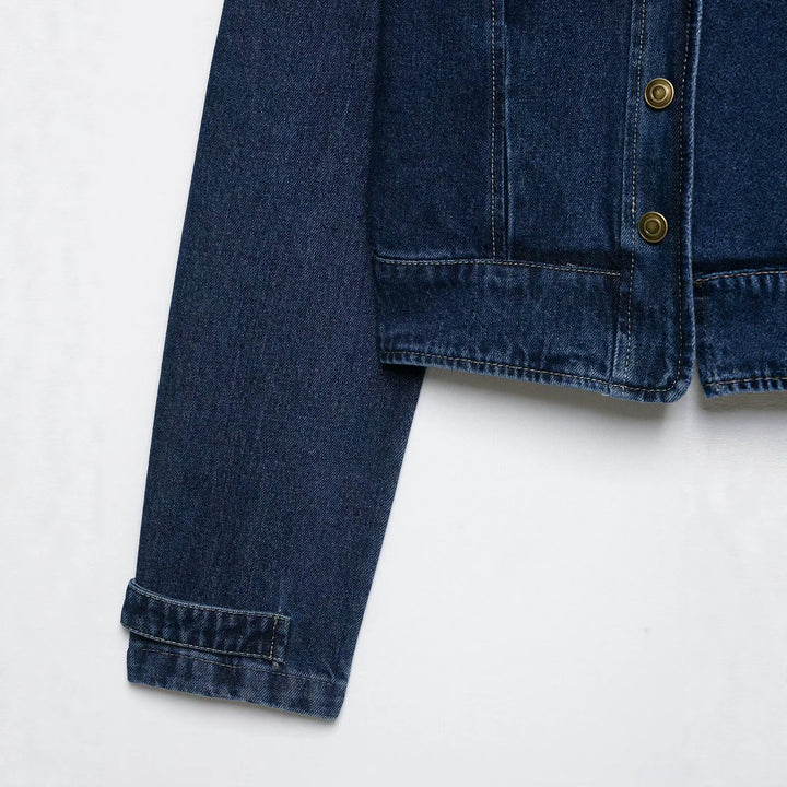 Dam Kort Skärning Denimjacka i Military Stil med Stå Krage