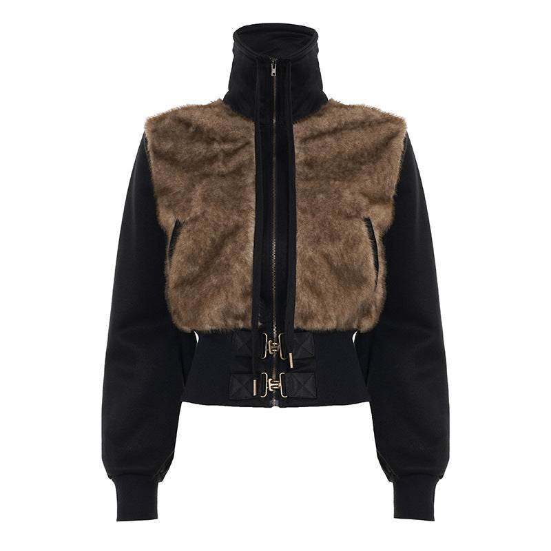 Dam kort jacka med faux fur front, high standing krage och figursydd ribbed waistband
