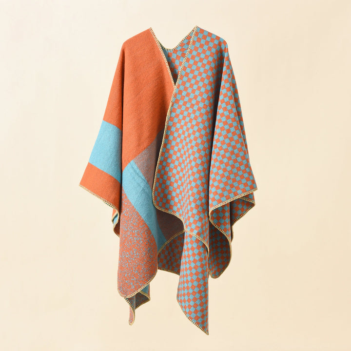 Dam Reversible rutig mönster capeponcho tillverkad av ullblandning med Boxy oversized passform