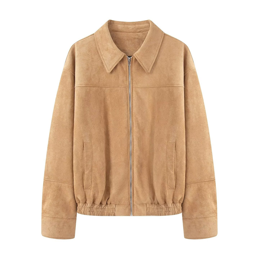Dam kort jacka in mocka look med dragkedja och elastic fåll