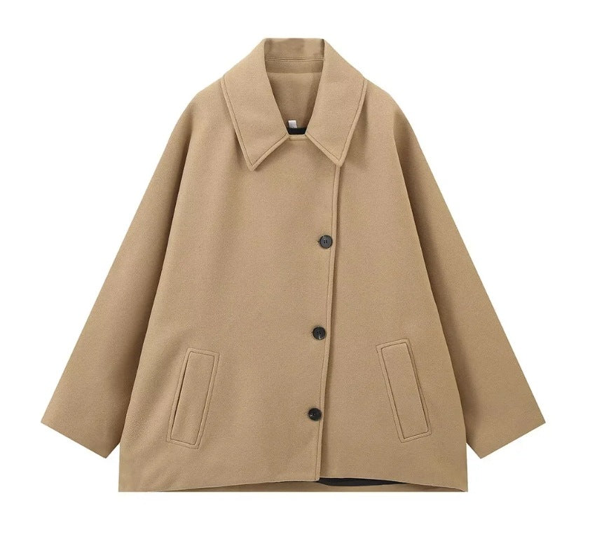 Dam 1200+ Oversize Ull Blend Kort Jacka med Relaxed Silhuett och Dold Knapp Knäppning