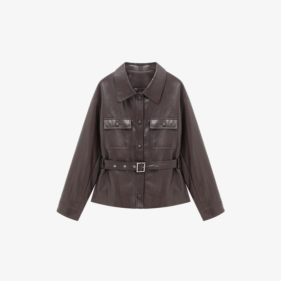 Dam läderjacka in oversize utility stil med midjebälte