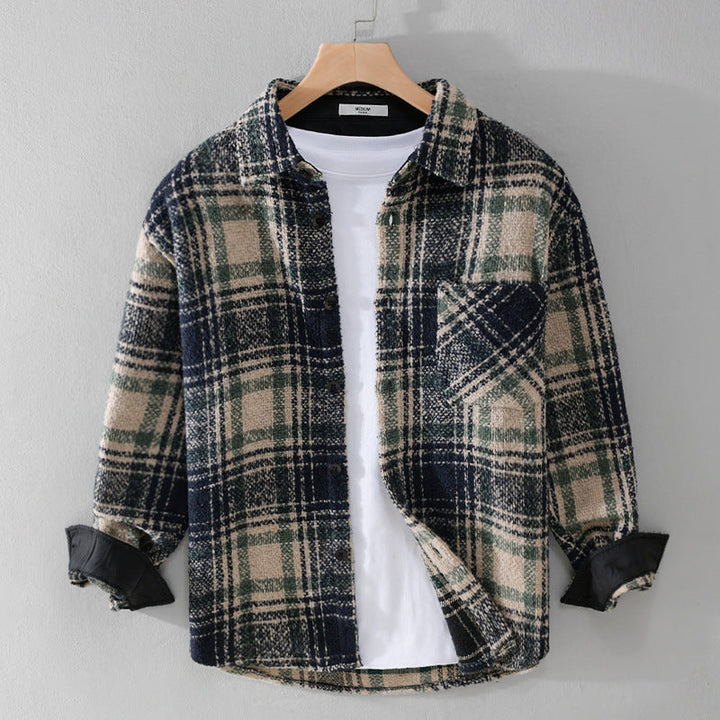 Herr Rutig Overshirt Tillverkad av Teddy Fleece med A Stitched Bröstficka och Dold Knappslå