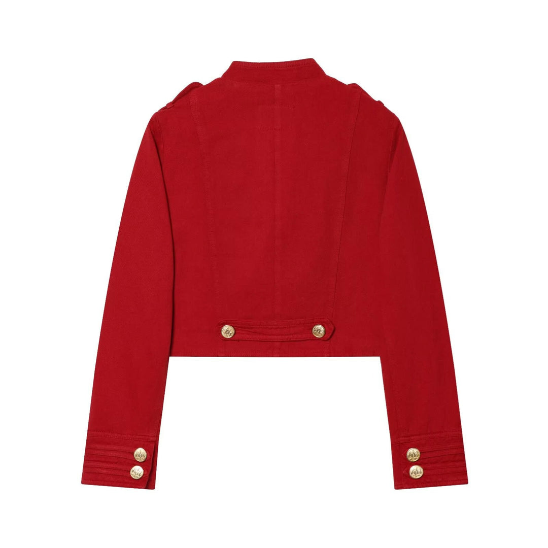 Dam kort Military-Inspired jacka med Stand krage och dekorativ knappar