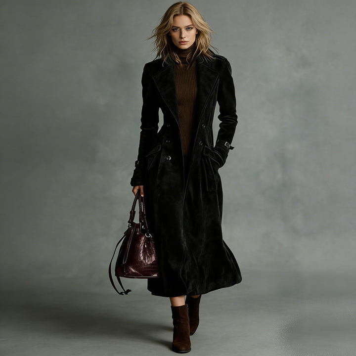 Dam längre skräddad trenchcoat in mocka look med Double-Breasted knappslå och Buckle muddar