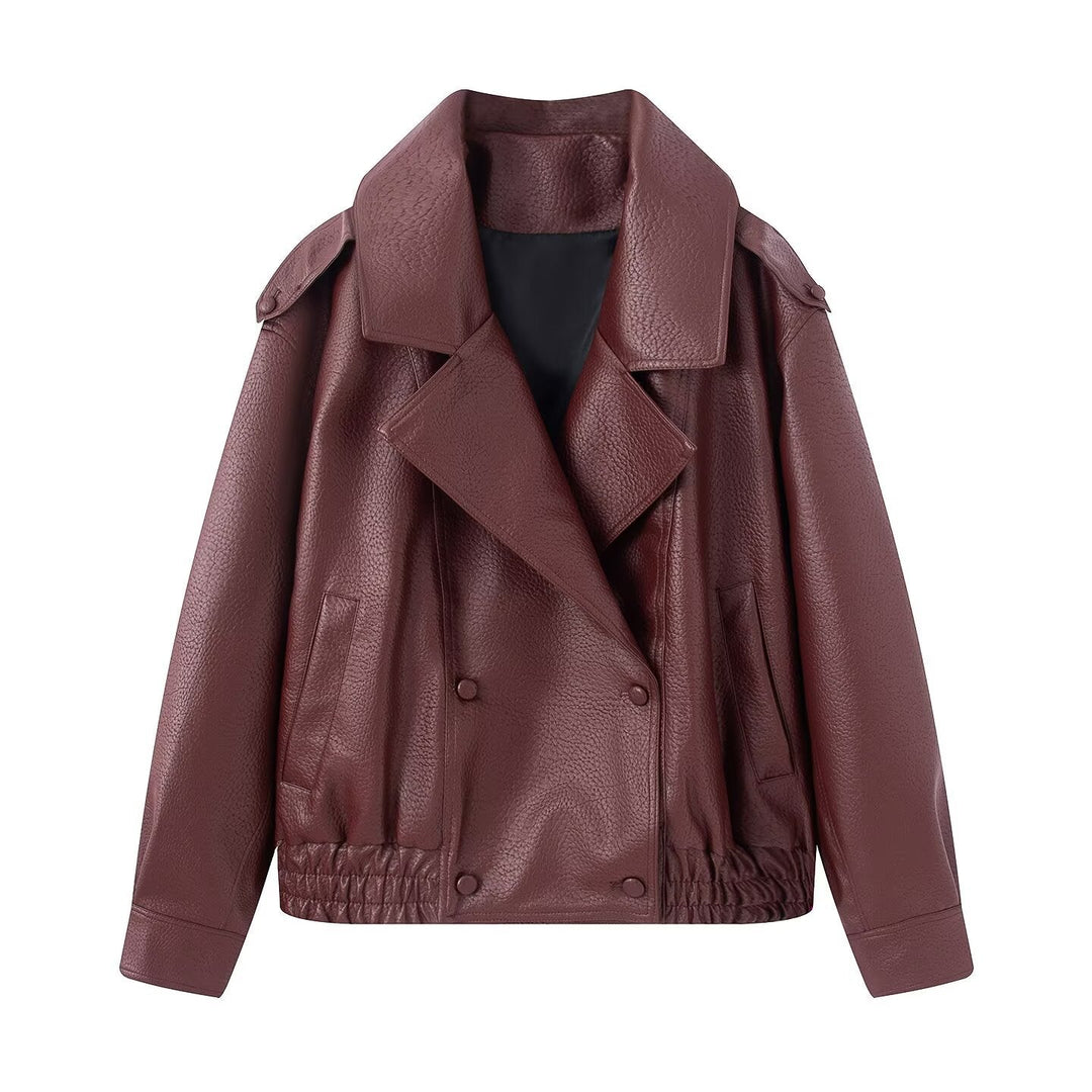 Dam oversize konstläder jacka med stor Lapels, Double-Breasted Snap Placket och Elastic fåll