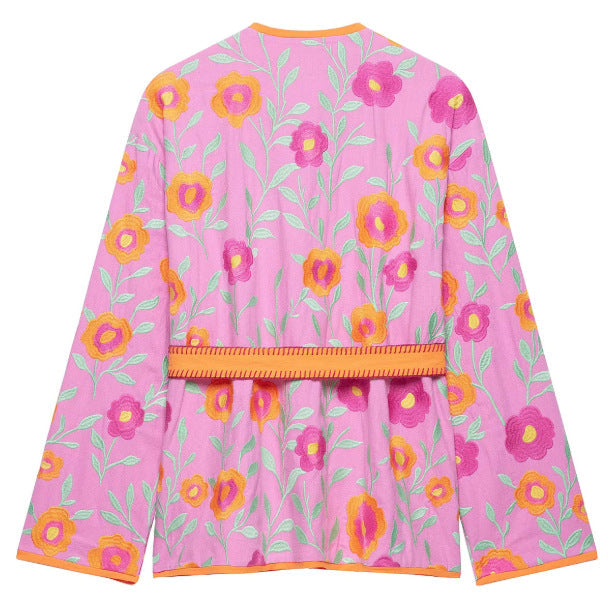 Dam Embroidered Kimono Jacka med Blommig Embroidery, Tie Belt och Contrasting Trimming