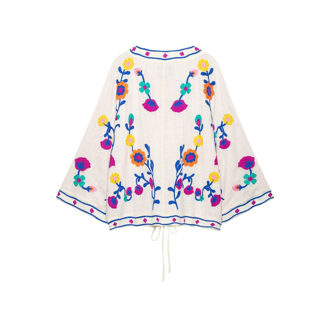 Dam Embroidered Kort Kimono med Blommig Stitching och Tie Belt