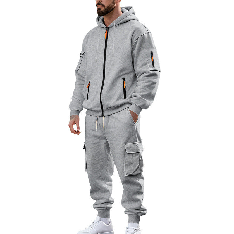 Herr Nano Urban Funktionell Cargo Sweat Set med Luvtröja, Zippered Fickor, och Tapered Cargo Jogger