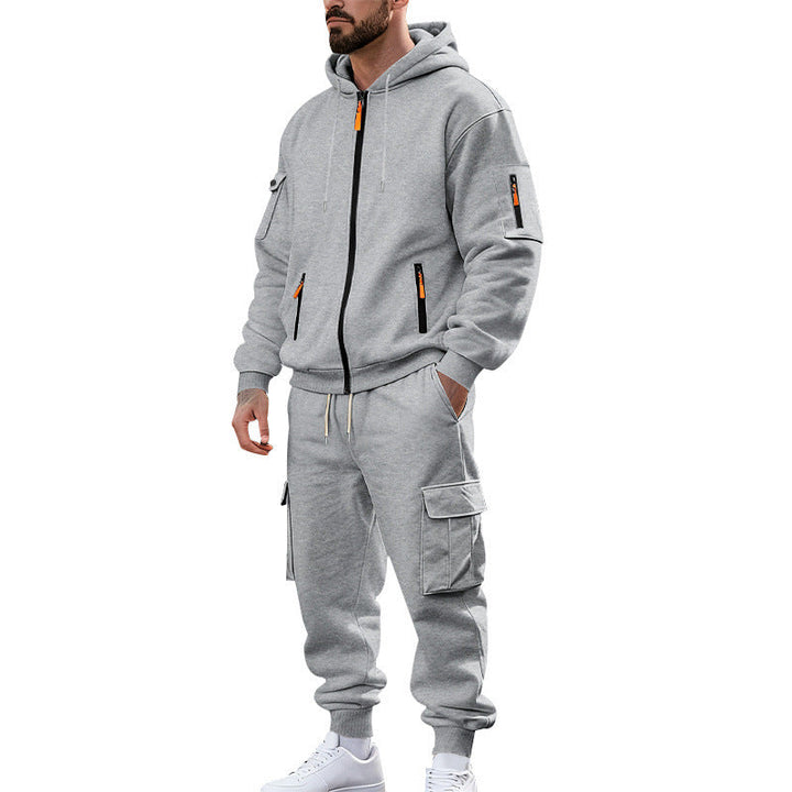Herr Nano Urban Funktionell Cargo Sweat Set med Luvtröja, Zippered Fickor, och Tapered Cargo Jogger