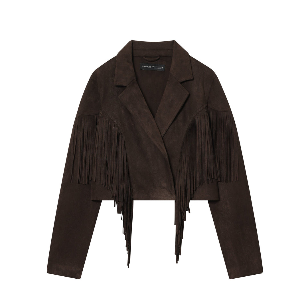Dam kort mockajacka med lapel krage, boxy cropped skärning, och decorative fringes