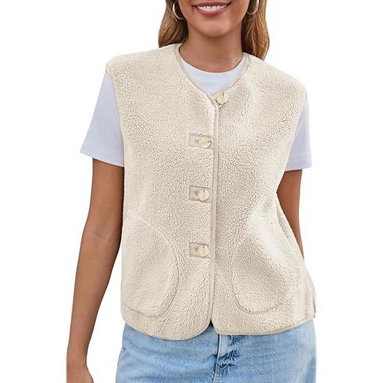 Dam teddy fleece väst med Round Neckline och knapp stängning