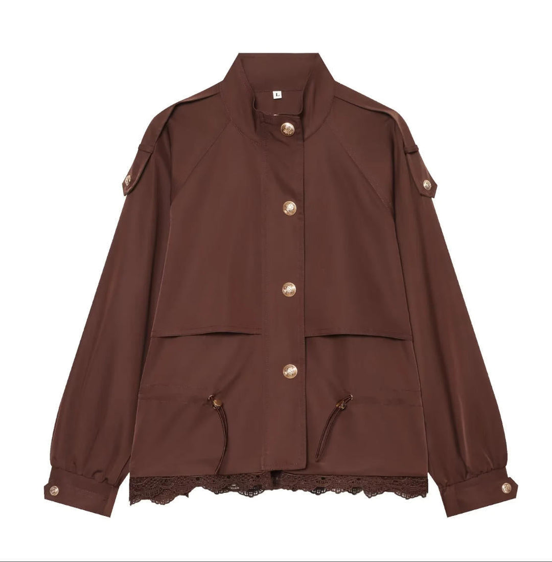 Dam 50+ Tailored Utility Blouson Jacka med Stå Krage, Drawstring Fickor och Lace Kant