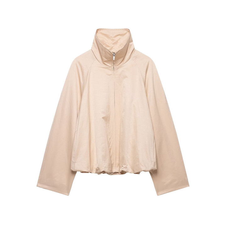 Dam Kort Satin-Finish Cape Blouson med Wide Raglan Ärmar och Hög Stå Krage