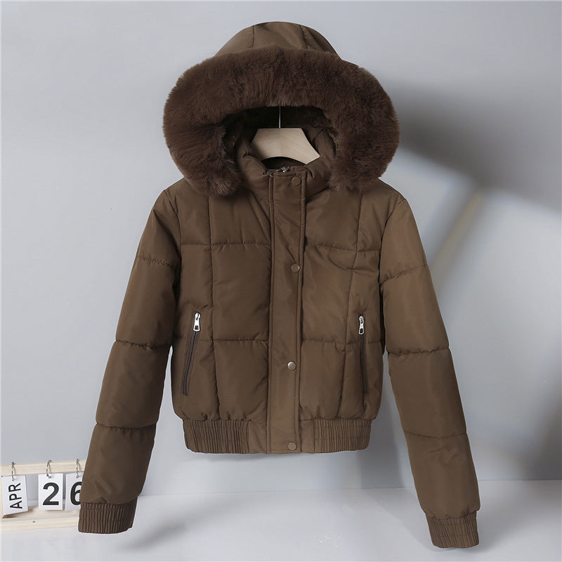 Dam kort isolerande hooded jacka med voluminous pälskrage kant och elastic ribbed fåll
