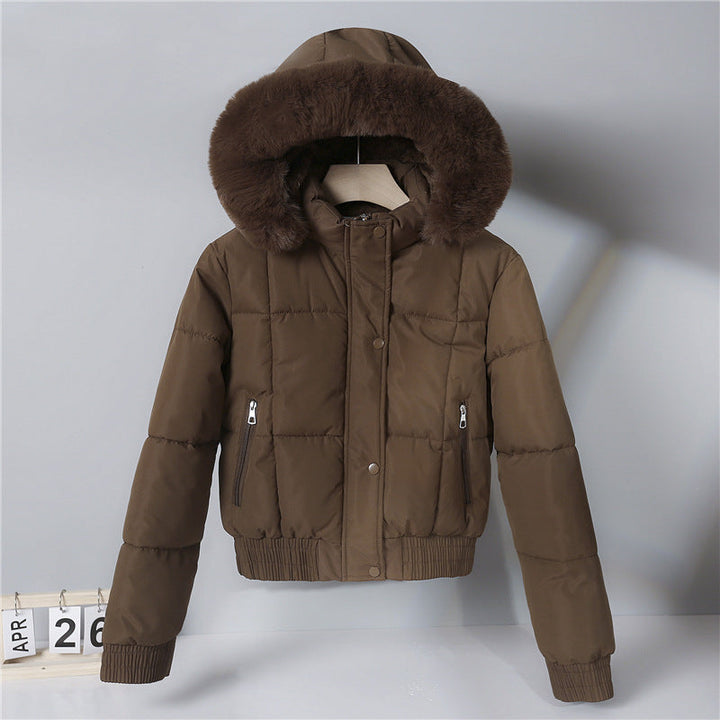 Dam kort isolerande hooded jacka med voluminous pälskrage kant och elastic ribbed fåll