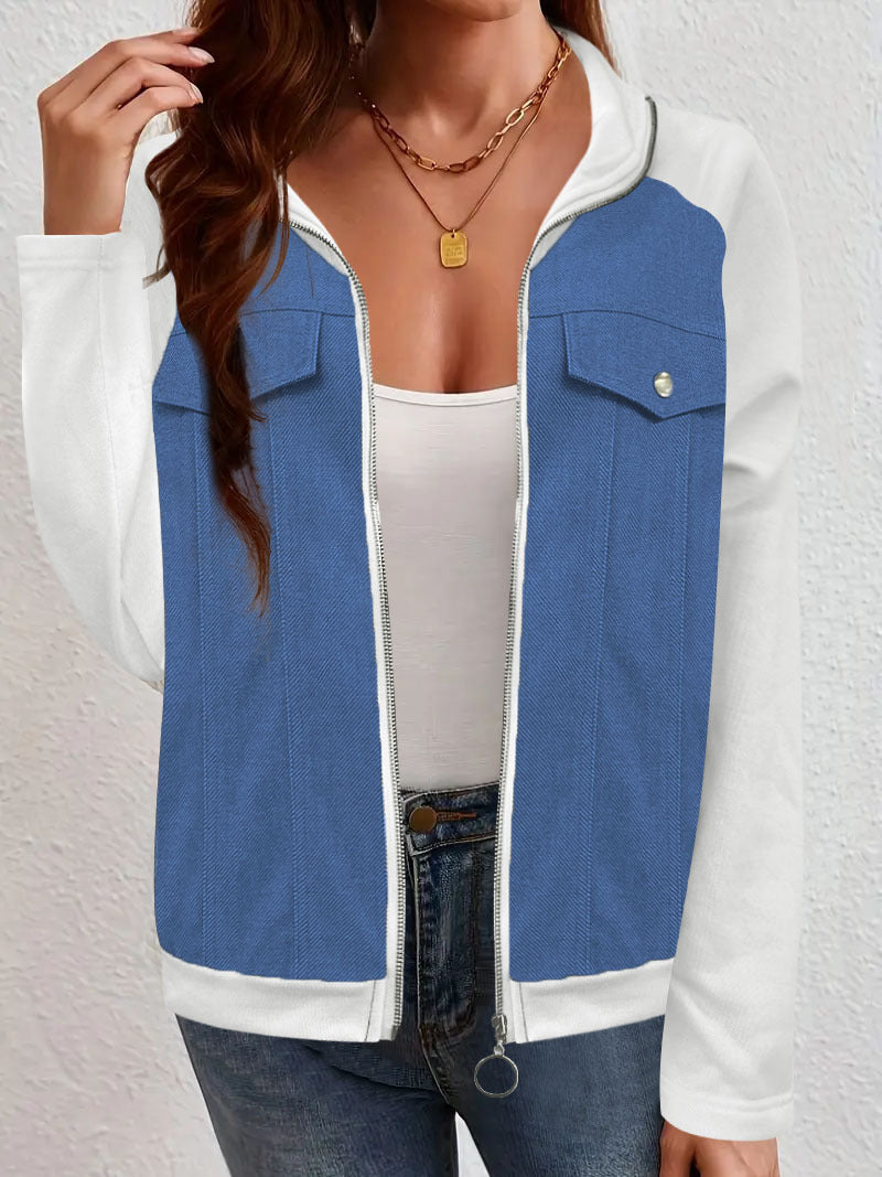 Dam denim mix blousonjacka med dragkedja och bröstfickor