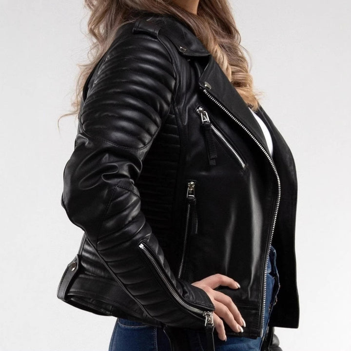 Dam Fashion läder bikerjacka med quiltad detaljer