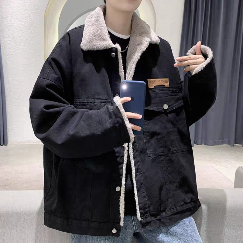 Herr Fodrad Oversized Jeansjacka med Teddyfoder och Lock Fickor
