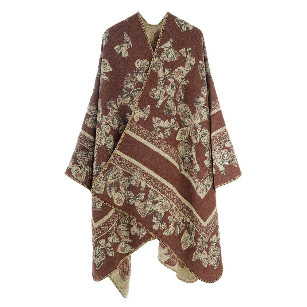 Dam Jacquard capeponcho med Butterfly mönster och ullblandning look