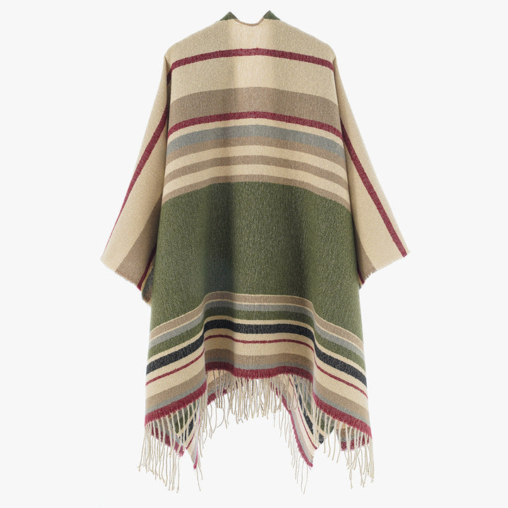 Dam Oversize Blanket poncho tillverkad av ullblandning med randig kant och Fringes