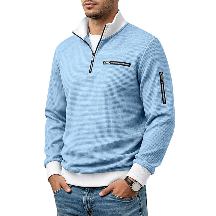 Herr Waffle-Stickad Turtleneck med Contrast Krage, Zippered Bröstficka och Ärmficka