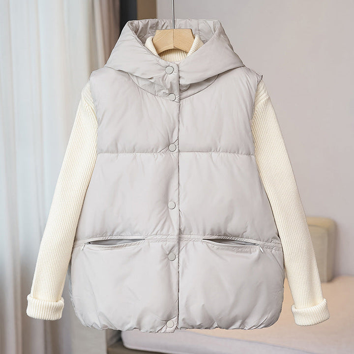 Dam non-vadderad sleeveless thermal väst med voluminous ståkrage, concealed snap knäppning och side dragkedja fickor