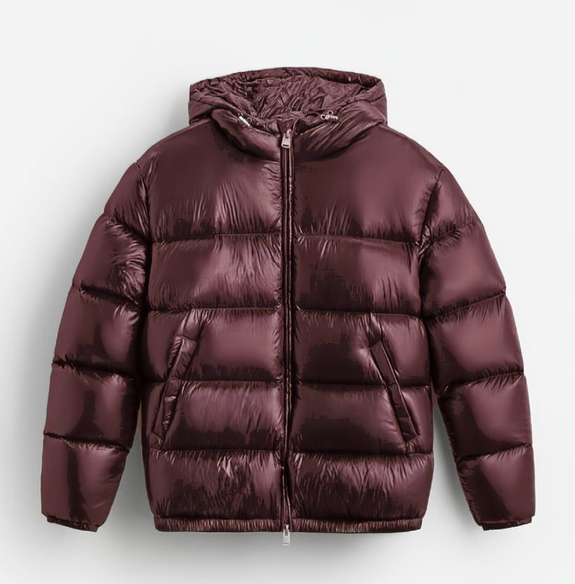 Dam quiltad vadderad Hooded jacka med High-Gloss Surface, Two-Way dragkedja och Kangaroo fickor