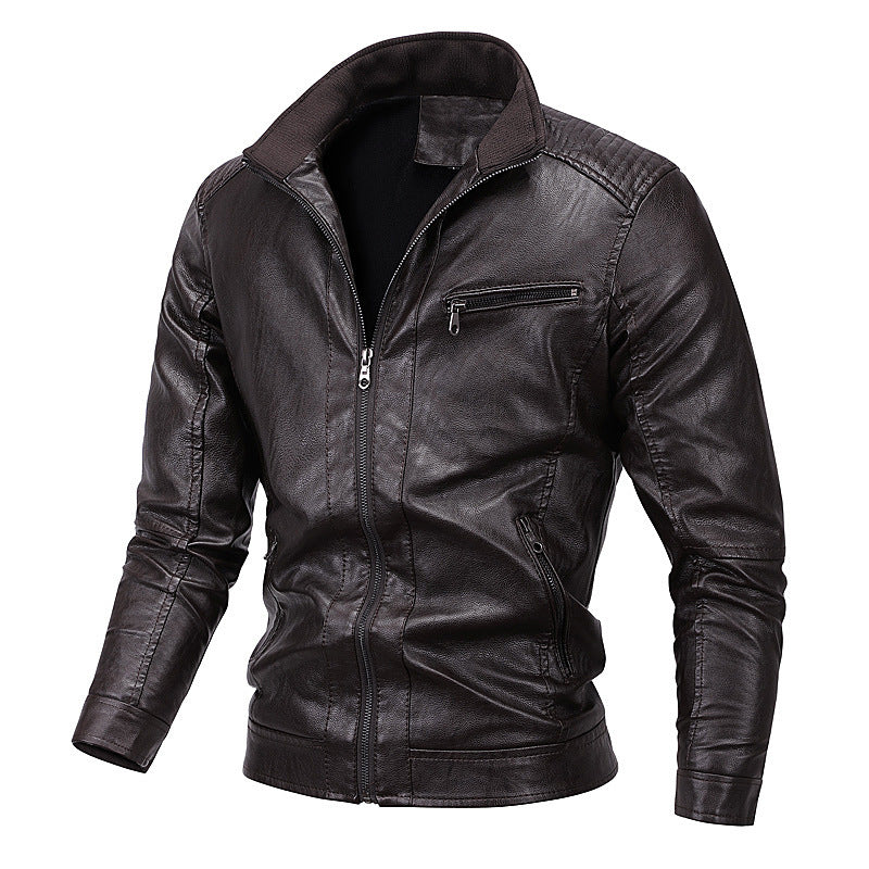 Herr Konstläder Moto Jacka med Stående Krage, Särpräglad Quiltad Design, och Zip Fickor