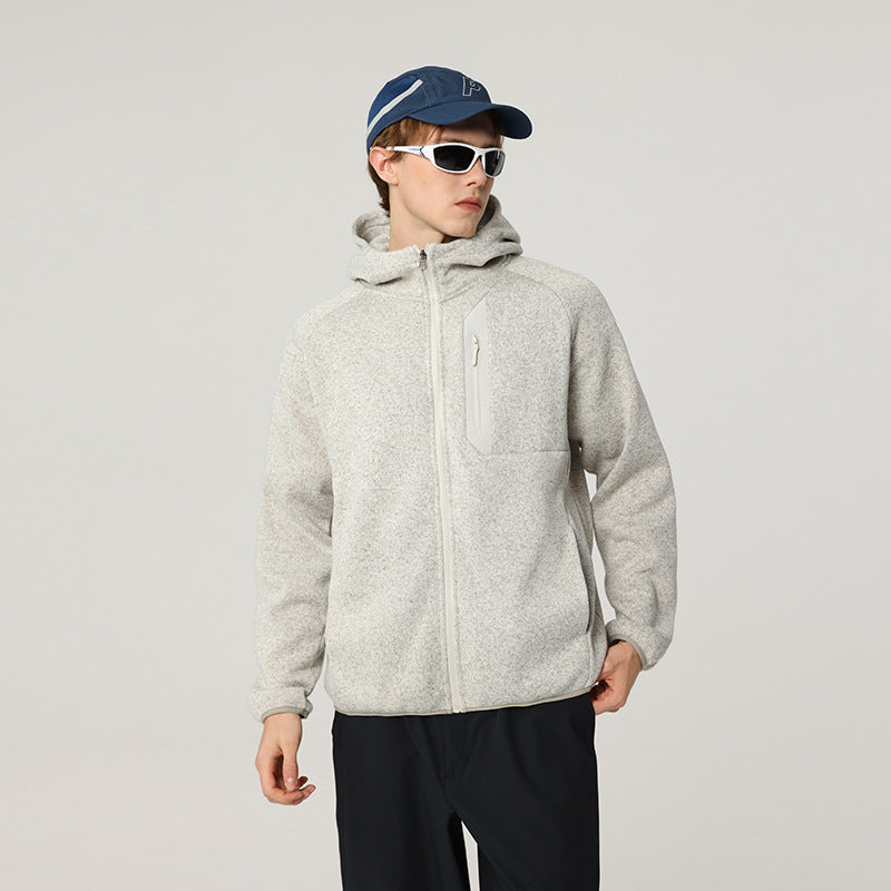 Herr Oversized med Huva Fleece Jacka med Melange Structure, Hel-Length Dragkedja och Vertical Bröstficka