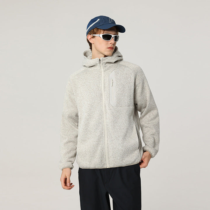 Herr Oversized med Huva Fleece Jacka med Melange Structure, Hel-Length Dragkedja och Vertical Bröstficka
